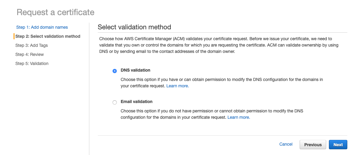 AWS Create Certificate - use DNS Validation