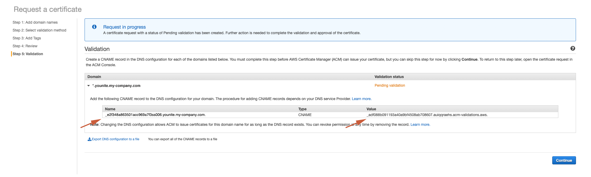 AWS Create Certificate - Get CNAME values