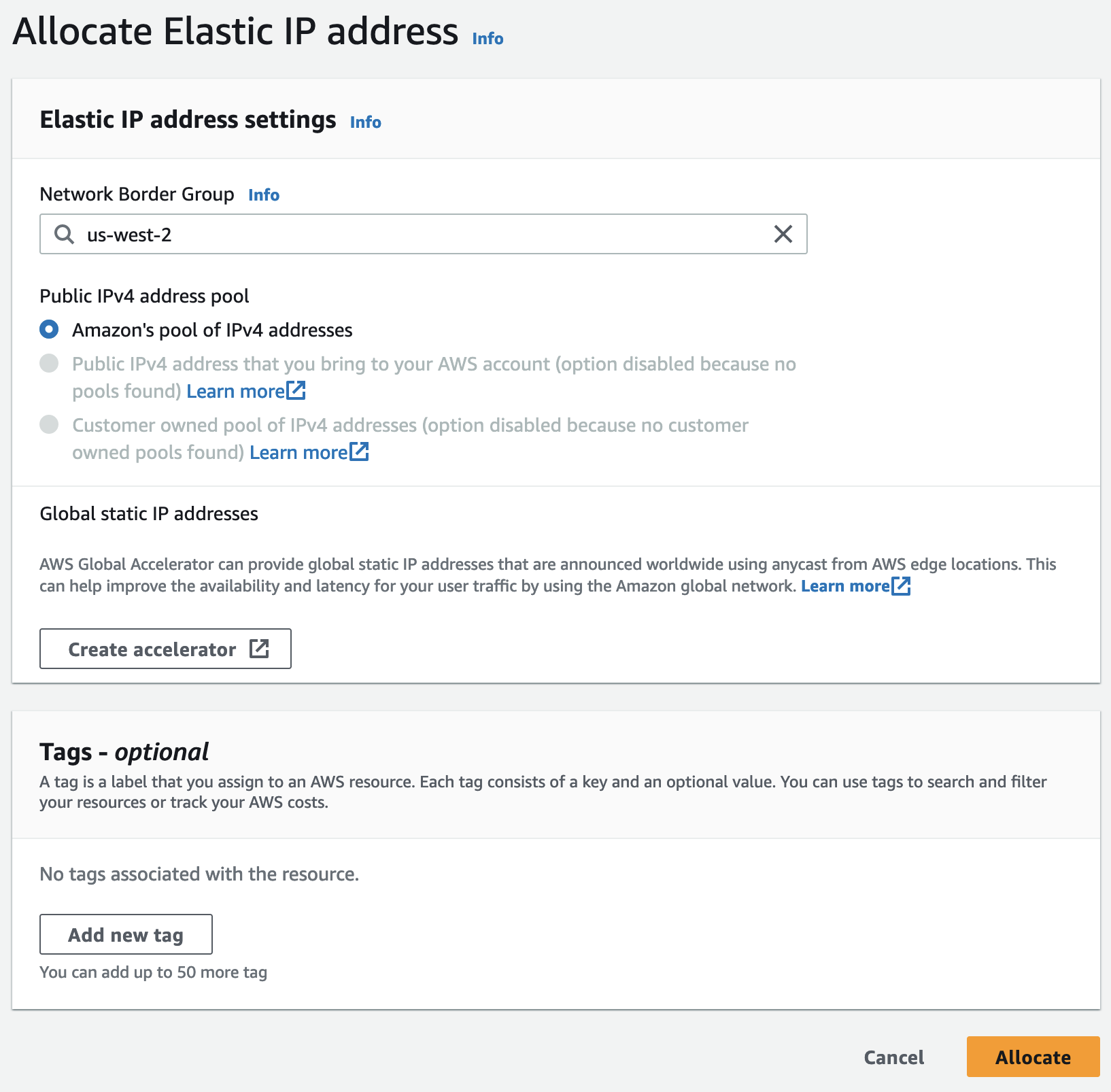 Allocate Elastic IP address