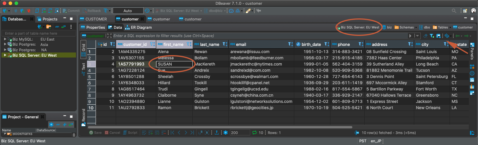 Change name in EU 1 (SQL server) customer table