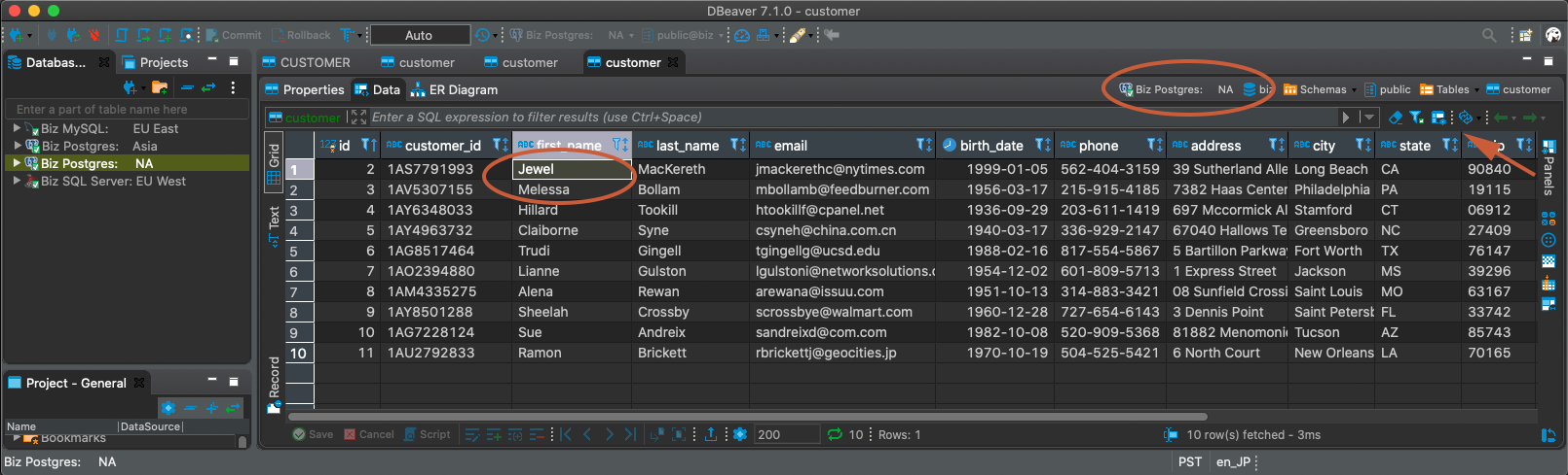 Change name in North America (Postgres) customer table