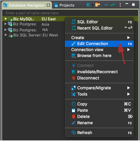 MySQL connection error - Goto Database navigator - Select MySQL - right click and Edit Connection