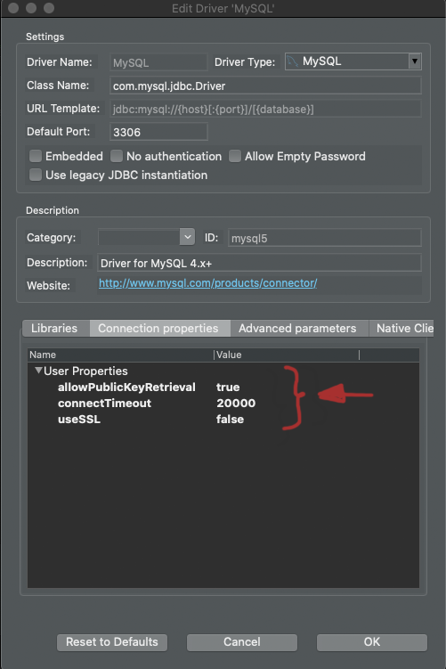 MySQL connection error - select main tab - connectin properties tab - click into namve/value table and add allowPublicKeyRetrieval:true - useSSL:false