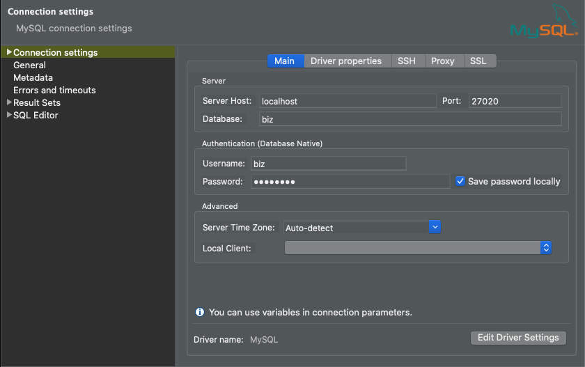 MySQL connection configuration