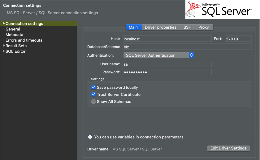 SQL Server connection configuration